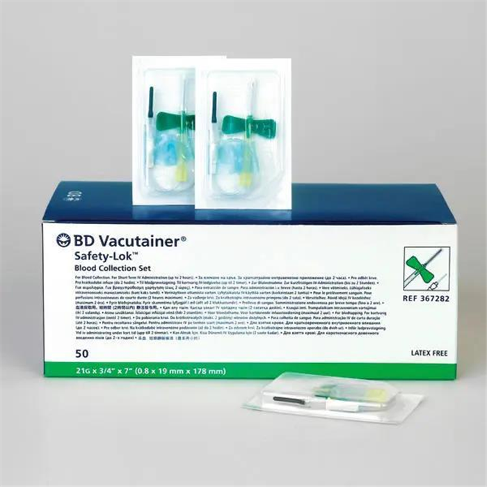 [I4 367282] BD Vacutainer Safety Lok set de prélèvement sanguin, 21G (0,8 x 19 mm), tuyau 18 cm, adaptateur Luer, vert, 50 pièces