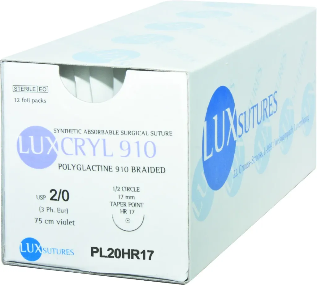 [PL20HR26] LUXCRYL 910 corps rond - pointe effilée 1/2 cercle HR 26 - 26 mm - 2/0, 75 cm violet, 12 pcs