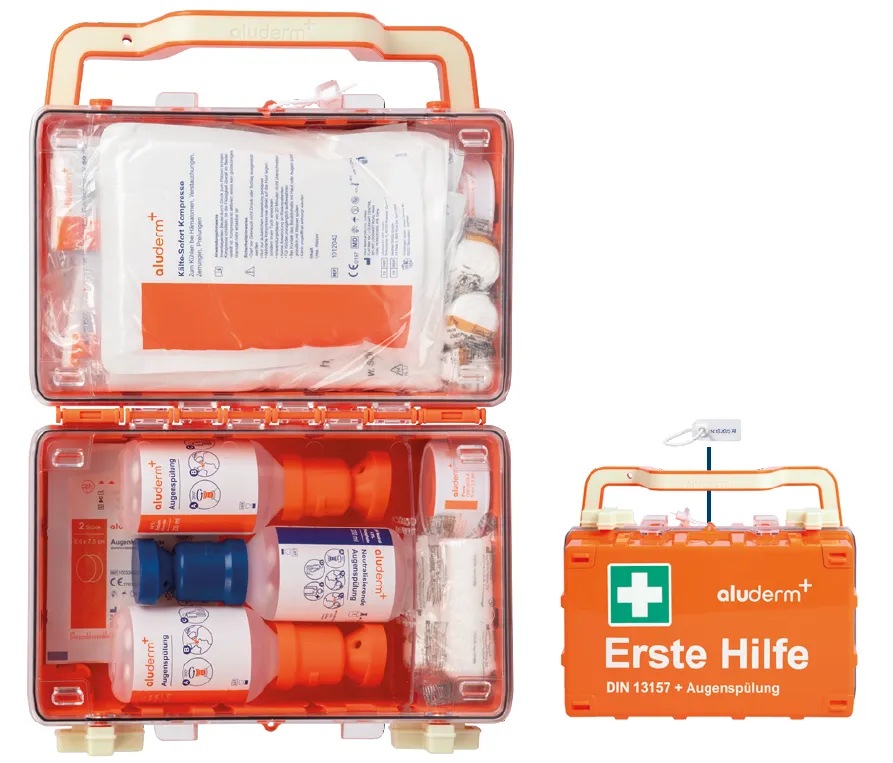 Mallette de premiers secours aluderm DG S DIN 13157 + solution de lavage oculaire