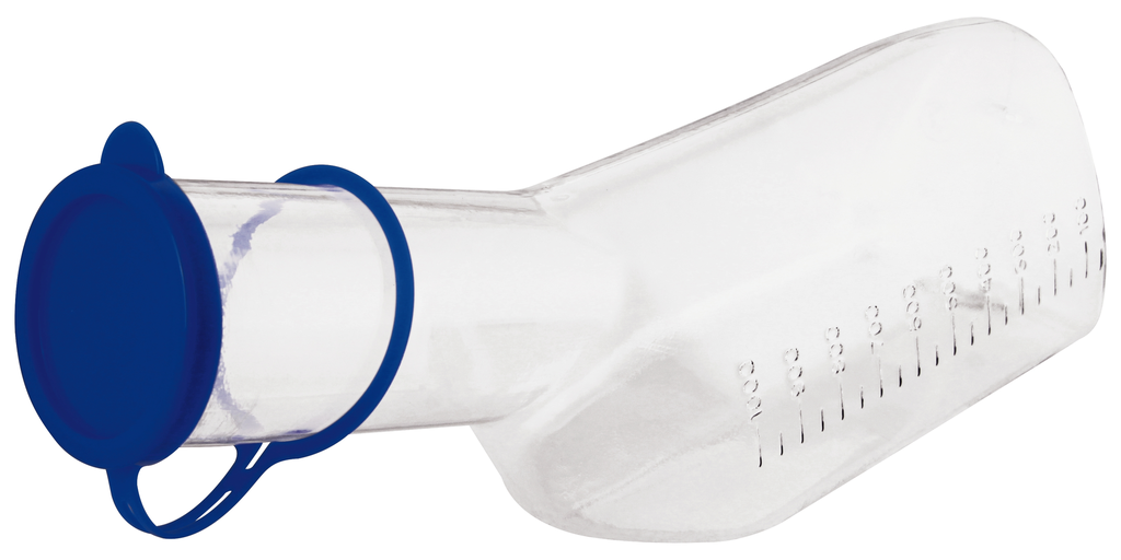 [8M50105152 SP] Medimex urinal pour hommes PC, col long, autoclavable, transparent, avec couvercle bleu