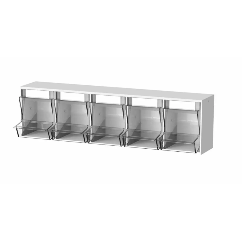distributeur de canules gris/blanc avec 5 bacs modèle mural