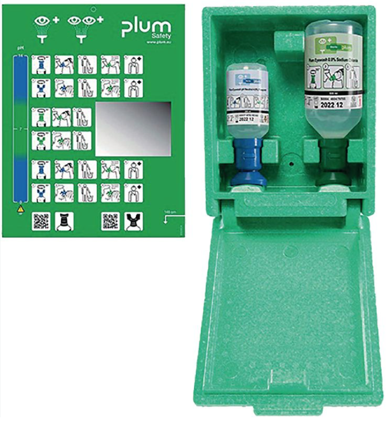 [155113] Station murale de lavage oculaire PLUM, pH neutre, 1 flacon de 200 ml et 1 flacon de 500 ml