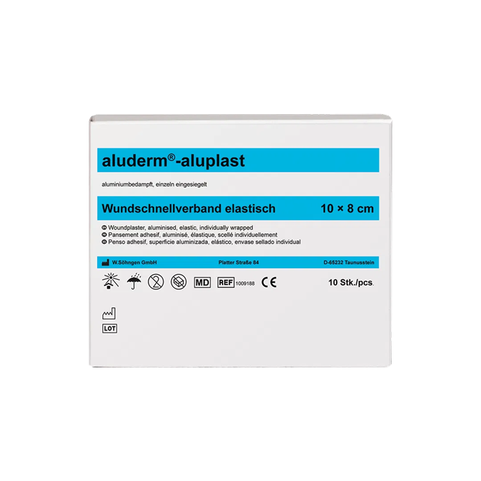 Aluderm Aluplast pansements pour plaies
 10 pièces, 10 x 8 cm, prédécoupés, élastiques, boîte pliante