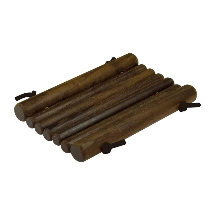 Porte-savon avec lanière en cuir, rond, baguettes de bois thermo huilé, 12 x 8 cm