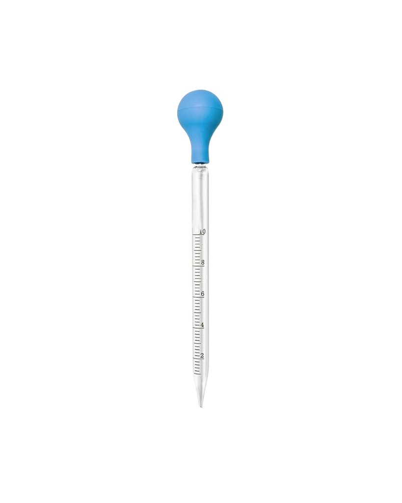 Montage de pipette composé d’un bouchon à vis, d’une poire d’aspiration bleue et d’une pipette en verre, 20 ml