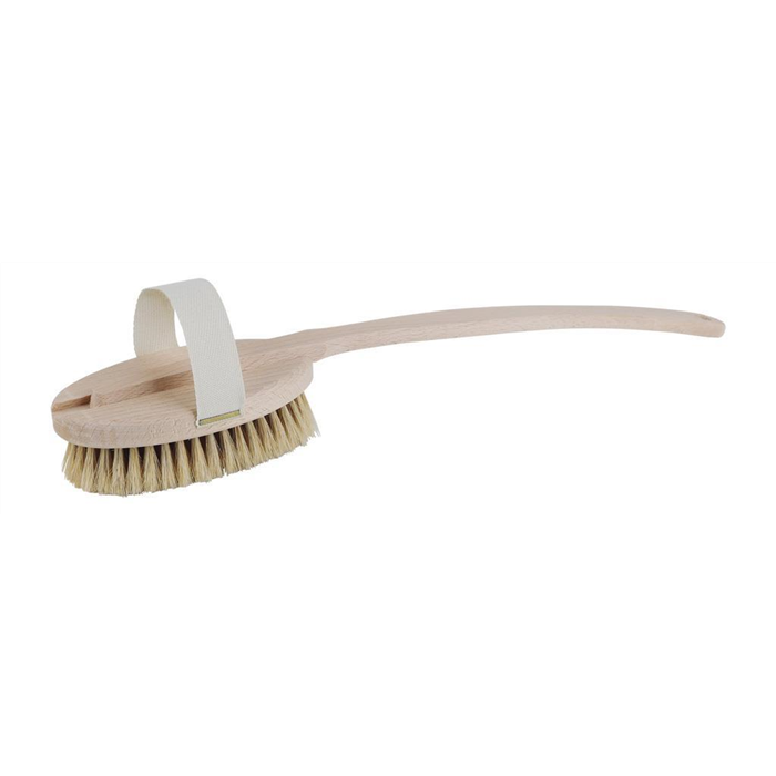[631050] Brosse de bain, douce, 47 cm, bois de hêtre brut, manche courbé amovible