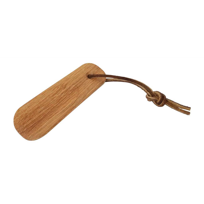 Chausse-pied, petit, 11,5 cm, bois de chêne huilé, avec lanière cuir