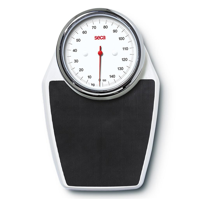 [760 1019 004] Balance mécanique plate SECA, indicateur circulaire, capacité 150 kg, revêtement noir, boîtier blanc, graduation 1 kg