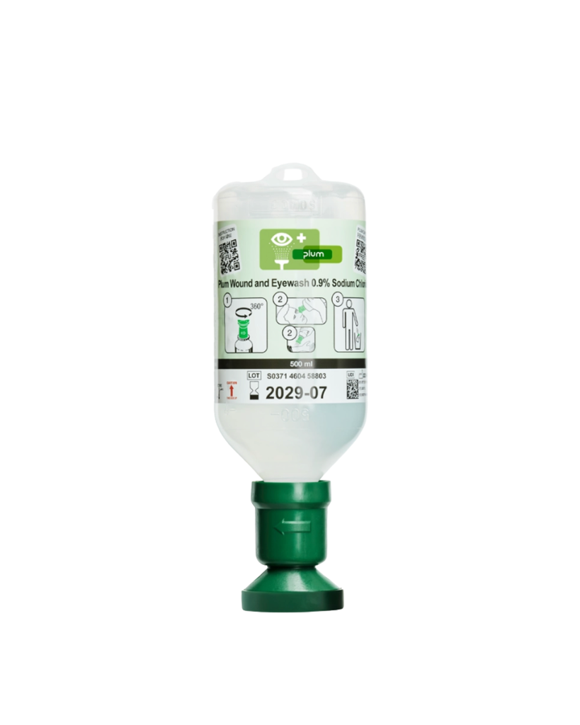 PLUM flacon lave-œil avec embout duo, 500 ml, avec solution stérile de chlorure de sodium 0,9 %