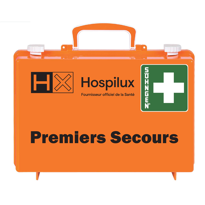 Trousse de premiers secours SN-CD Norm orange, DIN 13157, 310 x 210 x 130 mm, avec logo Hospilux