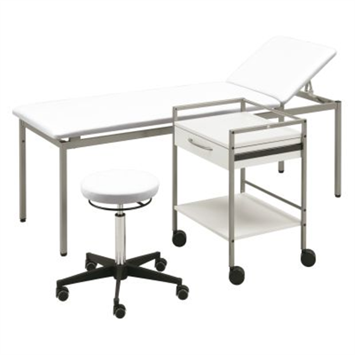 [600750] Ensemble de divan, table d’examen avec châssis et table d’appareillage Medi-Net Varimed®, blanc gris RAL 9002, tabouret pivotant, rembourrage blanc