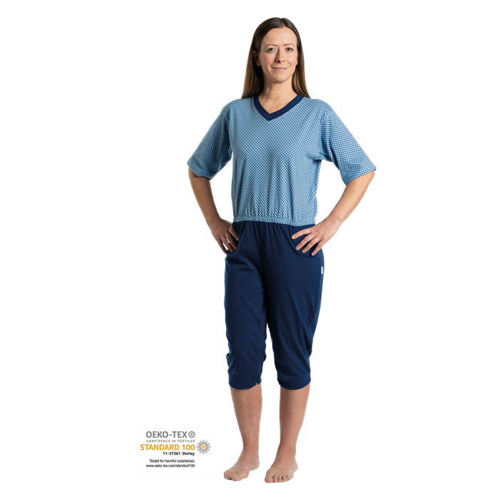 Pyjama de soin, 100 % coton, manches courtes, fermeture éclair dans le dos et aux jambes, bleu à pois, taille L