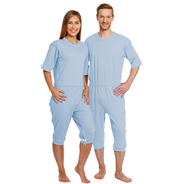 [4082 033 L] Combinaison de soin courte en coton, zips dos et jambe, bleu clair, taille L