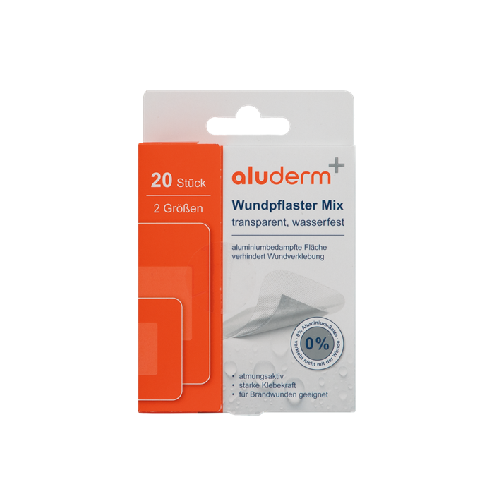 [1008300] aluderm+, pansements mix, 2 tailles, 20 pièces, transparents, étanches, 12 pièces 6 cm x 3,80 cm, 8 pièces 3,80 cm x 3,80 cm
