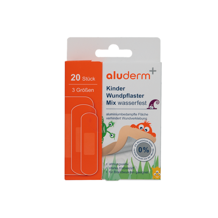 [1008309] Pansements enfants aluderm+ mixtes, motifs colorés, résistants à l’eau, 20 pièces, 3 tailles