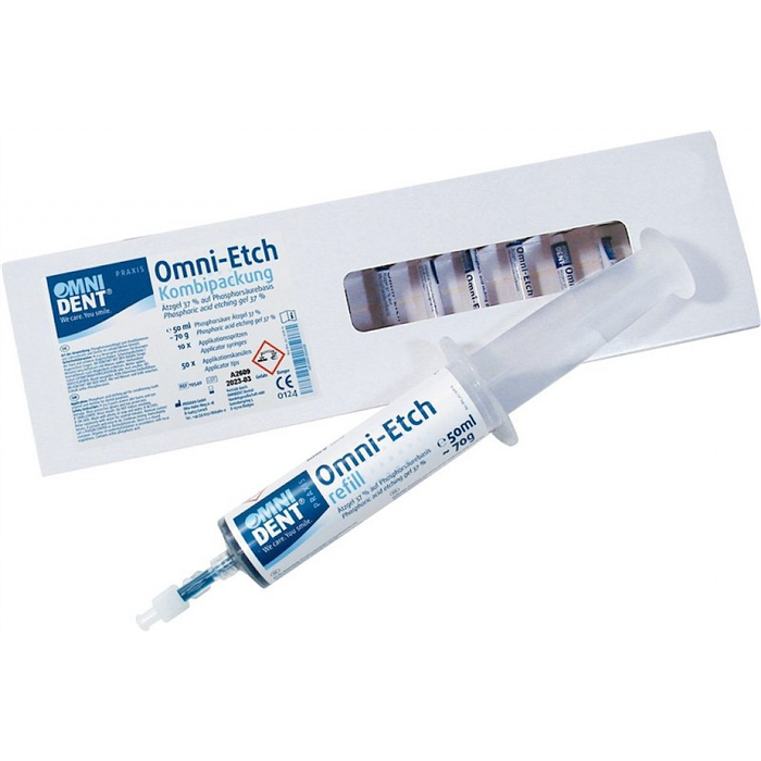 Omni-Etch - Pack of 70 g jumbo syringe, 10 application syringes, 1 transfer adapter, 50 application cannulas
