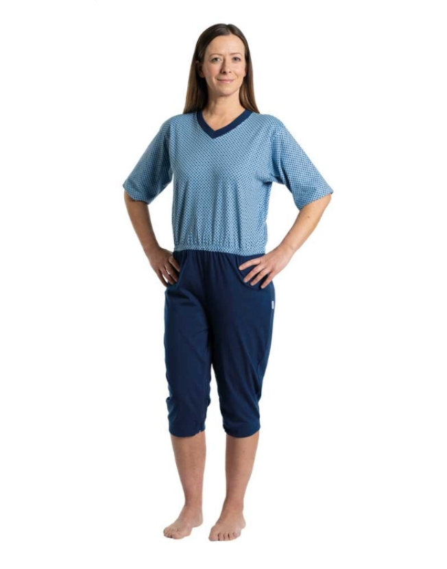 Pyjama de soin, 100 % coton, manches courtes, fermeture éclair dans le dos et aux jambes, bleu à pois, taille M