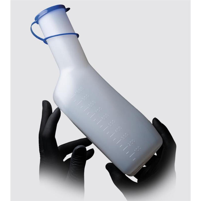 [09282] Urinal PE pour hommes, carré, blanc / translucide avec bouchon PP bleu