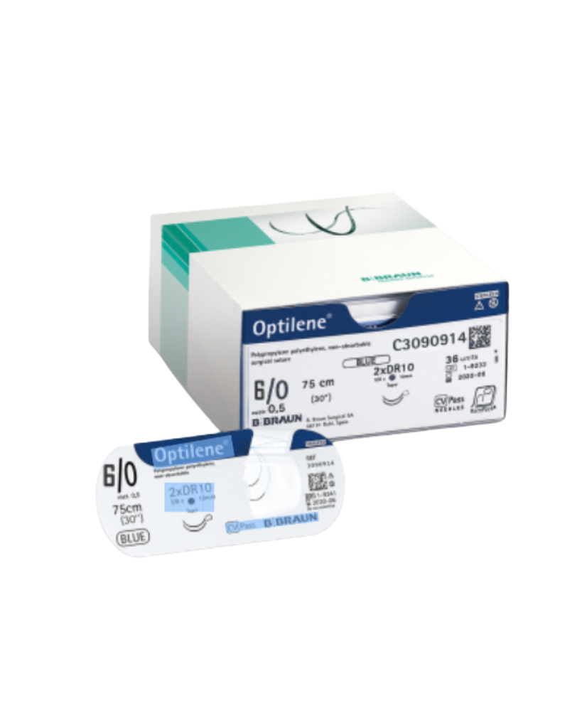 [C3095543] Sutures Optilene USP 6/0, Metric 0.7, DS12 (M) 
Longueur de fil 75 cm, bleu, 12 pièces