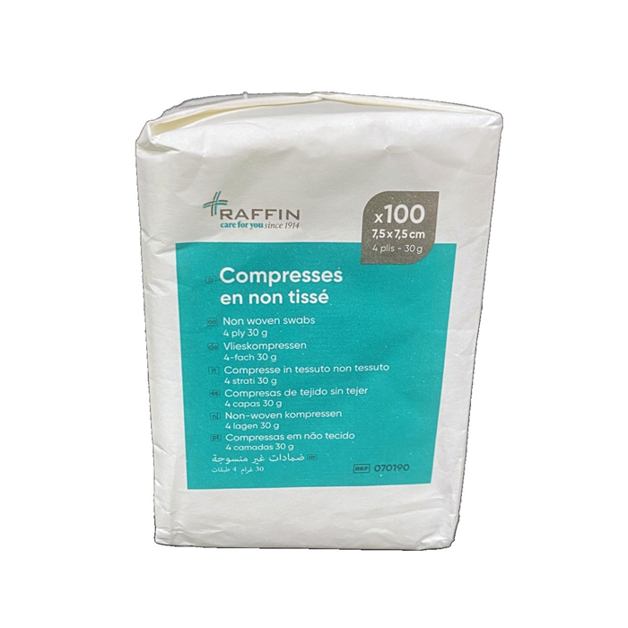 [070190] Compresses en non-tissé 7.5 x 7.5 cm , non stériles,  4 plis, 30 g, pack à 100 pièces