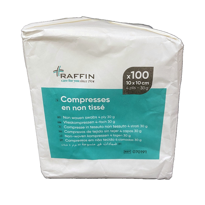 Compresses en non-tissé 10x10 cm , non stériles,  4 plis, 30 g, pack à 100 pièces