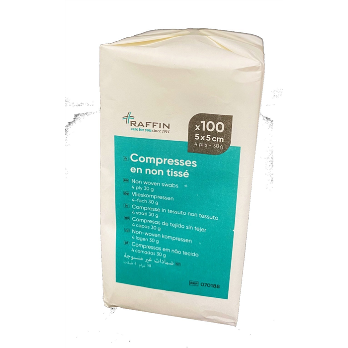 [070188] Compresses en non tissé - 5x5 cm - 4 plis pack à 100 pièces