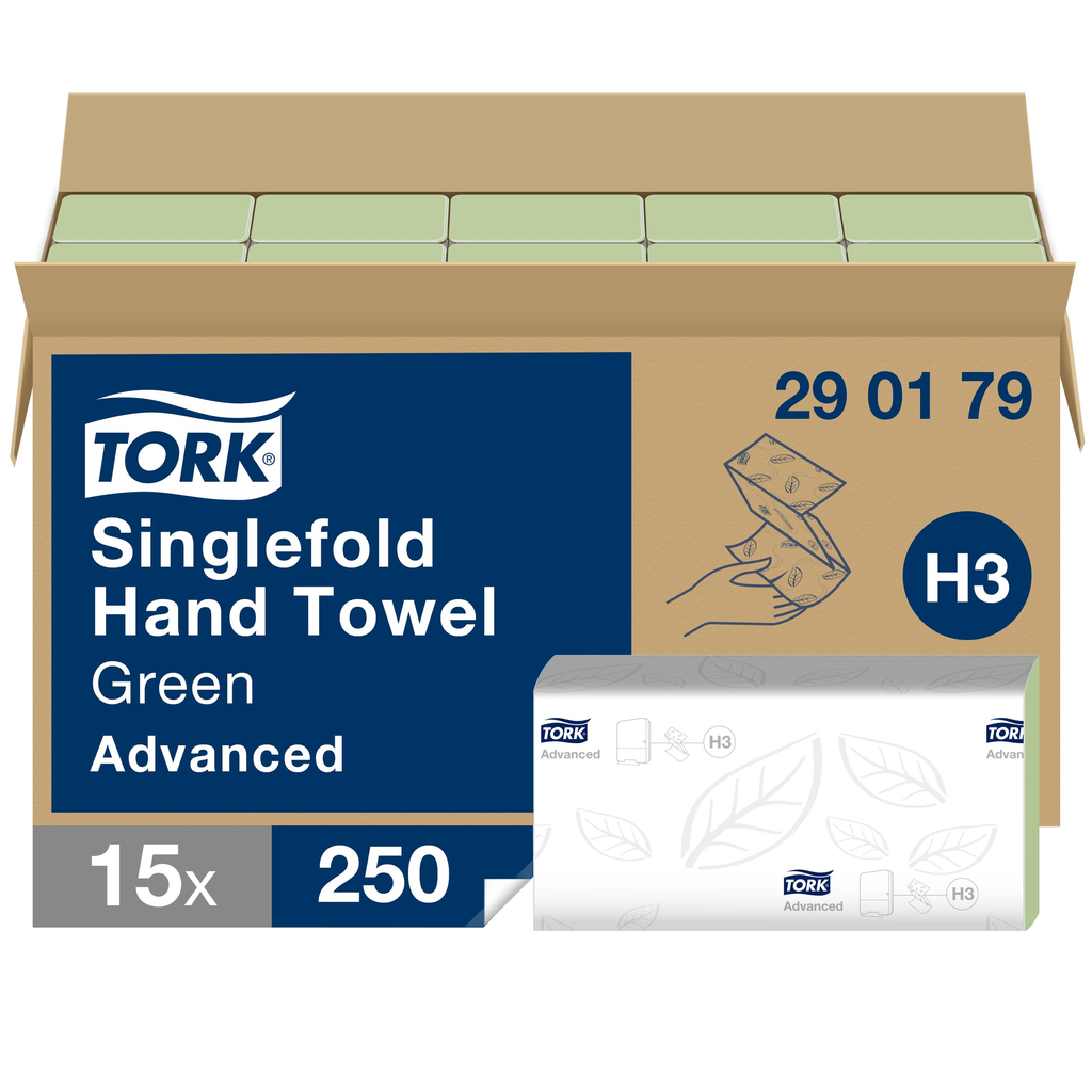 [290179] Essuie-mains Tork Green Singlefold, 23 x 25 cm, 2 plis, pli Z, carton de 3750 feuilles (15 x 250)