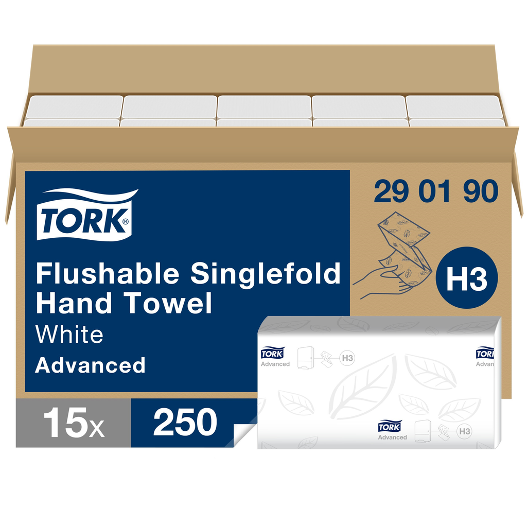 [290190] Essuie-mains Tork Flushable Singlefold, 23 x 23 cm, boîte de 3750 feuilles (15 paquets de 250)