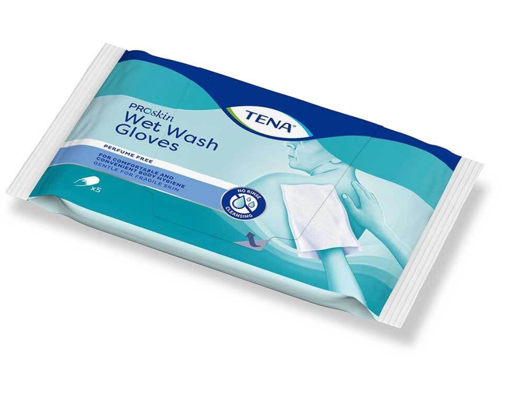 [1132] TENA WET WASHGLOVE, BOITE A 5 PIECES  PARFUM DOUX ET FRAIS