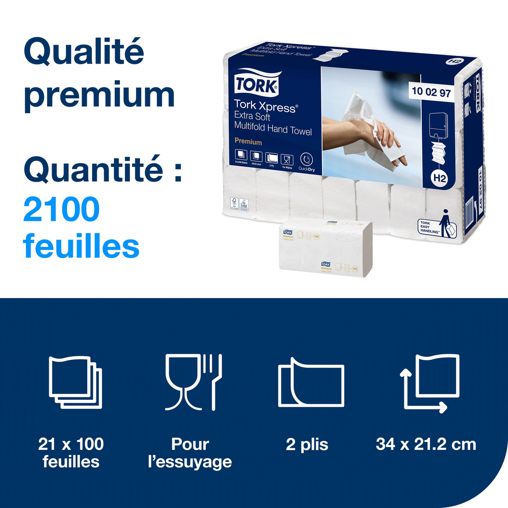 Essuie-mains Tork Xpress Extra Soft Multifold, 2 plis, 34 x 21 cm, carton de 2100 feuilles (21 paquets de 100)
