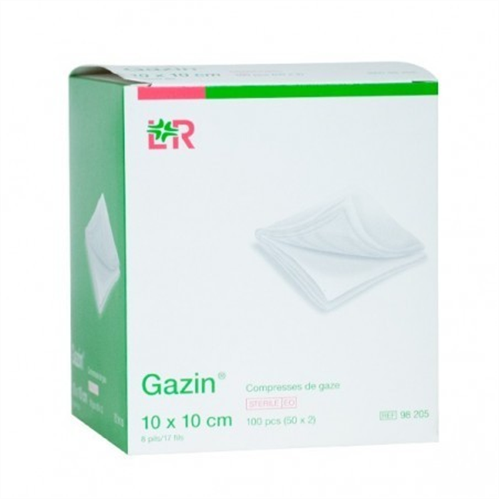 [323760] Compresses de gaze, 10 X 10 cm, stériles_x000D_
8 épaisseurs, 25 x 2 pcs