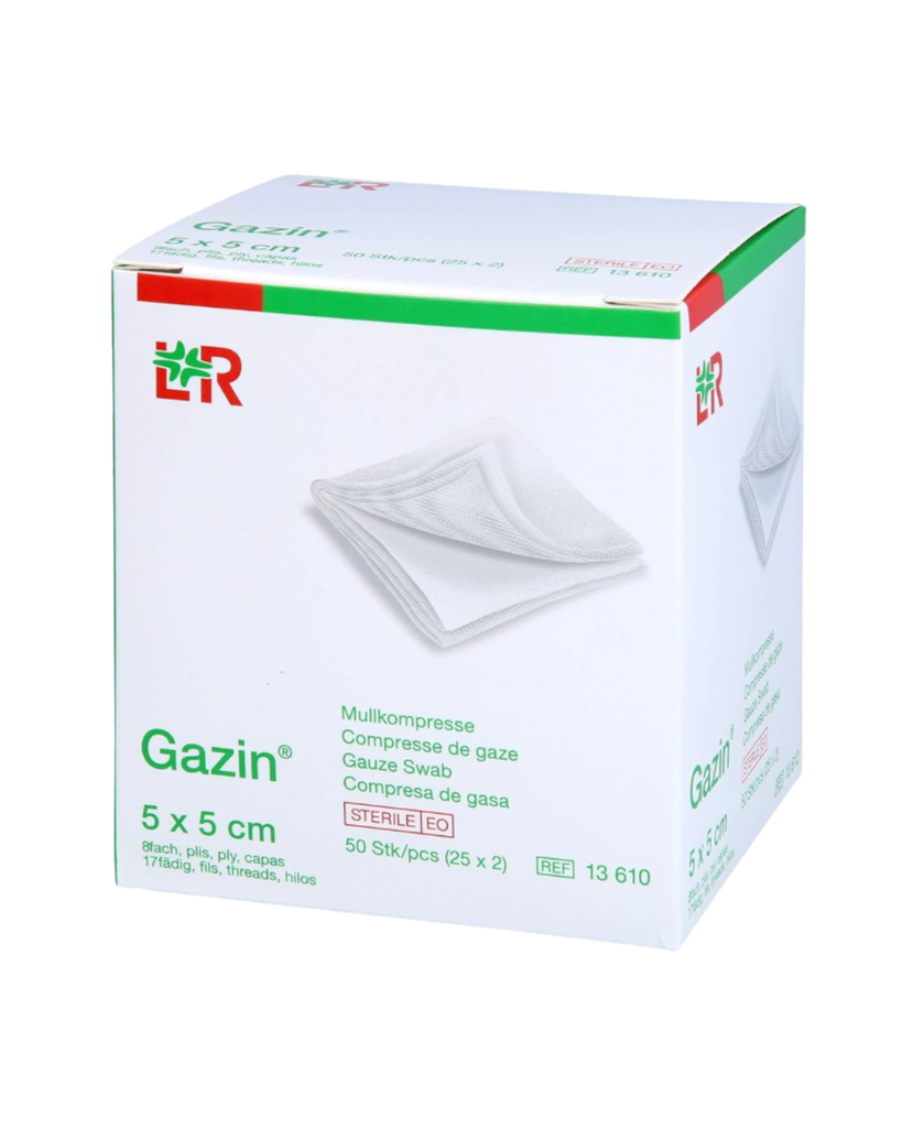 [323740] Compresses de gaze, 5 X 5 cm, stériles_x000D_
8 épaisseurs, 25 x 2 pcs