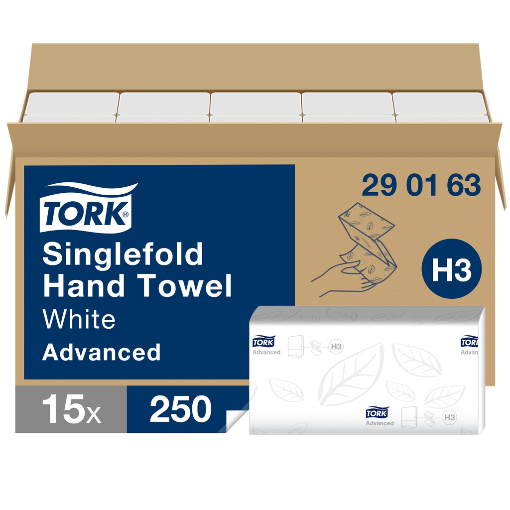Essuie-mains Tork Soft Singlefold, 23 x 25 cm, 2 plis, pli Z, carton de 3750 feuilles (15 x 250) *E*