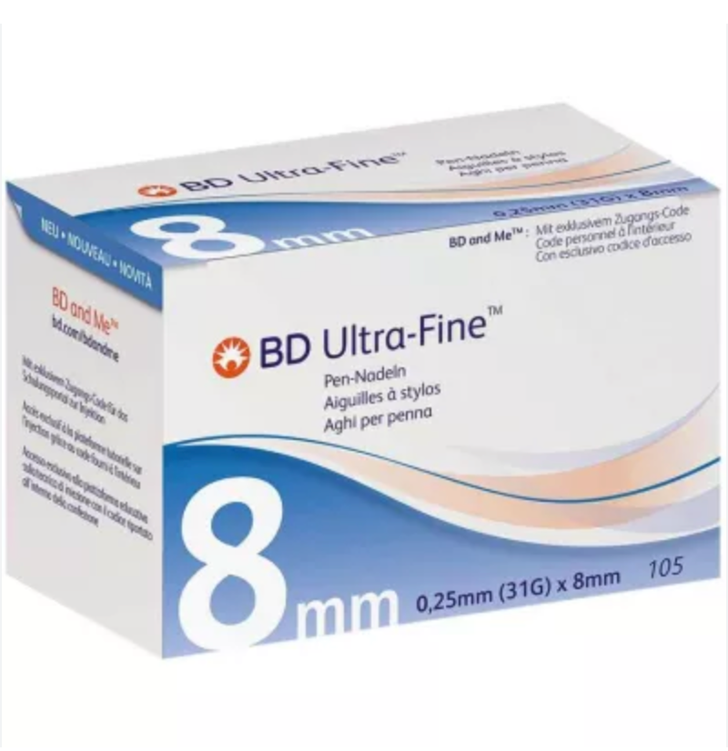 Aiguille BD Ultra-Fine pour PEN/Microfine, 31G, 0,25 x 8 mm, 105 pièces, stérile, sans pyrogène ni latex, compatible avec tous les stylos