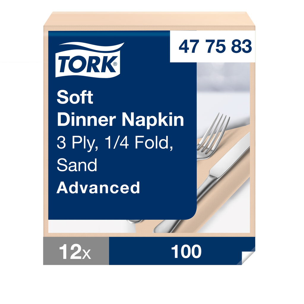 TORK SOFT SERVIETTE DINNER, 3 PLIS, IVOIRE _x000D_
39 X 39 CM, PLIAGE EN 4, CARTON A 12 X 100