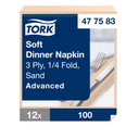 TORK SOFT SERVIETTE DINNER, 3 PLIS, IVOIRE  39 X 39 CM, PLIAGE EN 4, CARTON A 12 X 100
