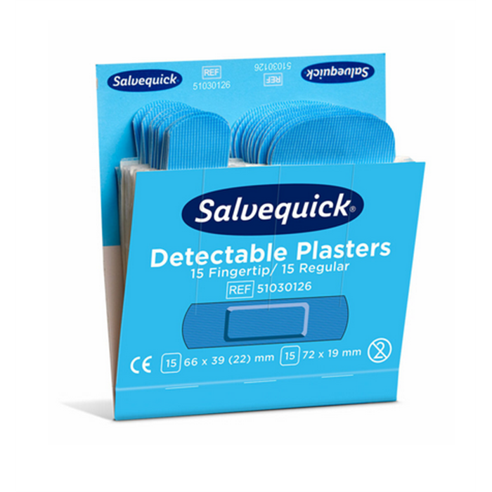 [51030126 FIRS] Pansements Bleus détectables/mèlange, 30 pansements, _x000D_
6 recharges/boîte (15 de 63 x 39 (22) mm et 15 de 72 x 19 mm)