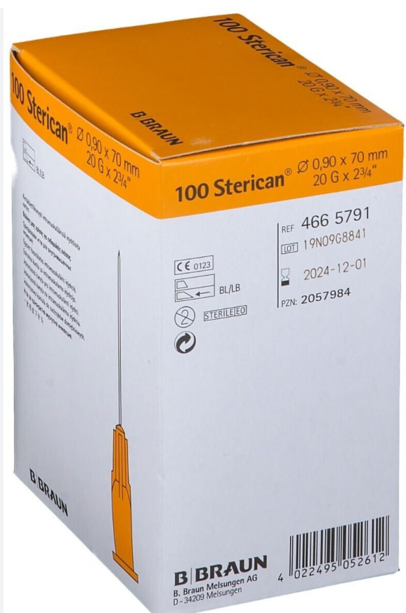 [4665791B] Sterican 0,9 x 70 mm, G20X2 3/4 à coupe longue, jaune - 
Carton à 100 pcs