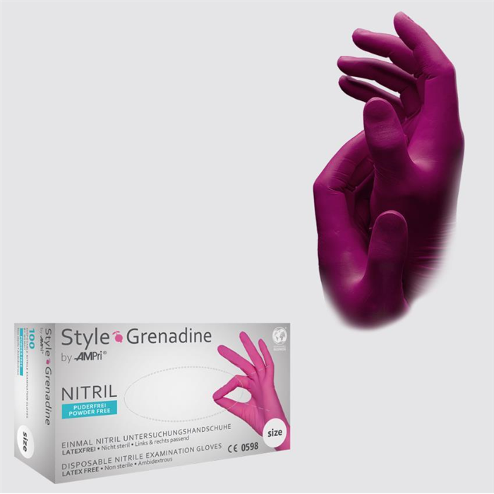 [01182/S] Gant d'examen en nitrile, non poudré, magenta, S 
Style Grenadine, 100 pièces