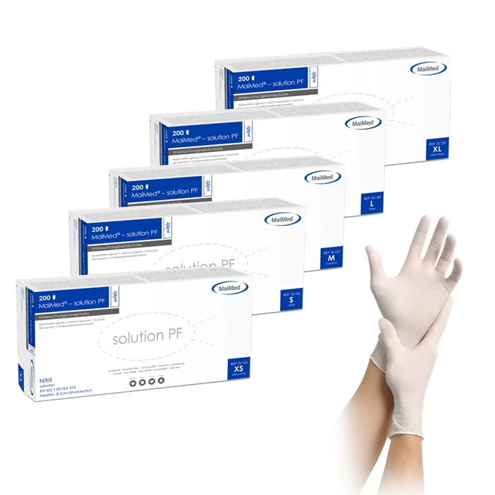 [00076837] Gants en nitrile MaiMed-solution100 PF, taille M, non stériles, blancs, sans poudre, boîte de 100 pièces
