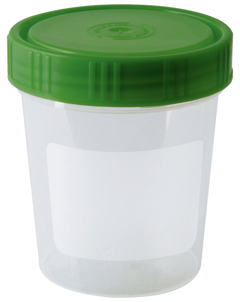 [8M50700120-420710 AM] Medimex gobelet à urine avec bouchon à vis vert, 500 pièces, graduation 100 ml, volume 125 ml