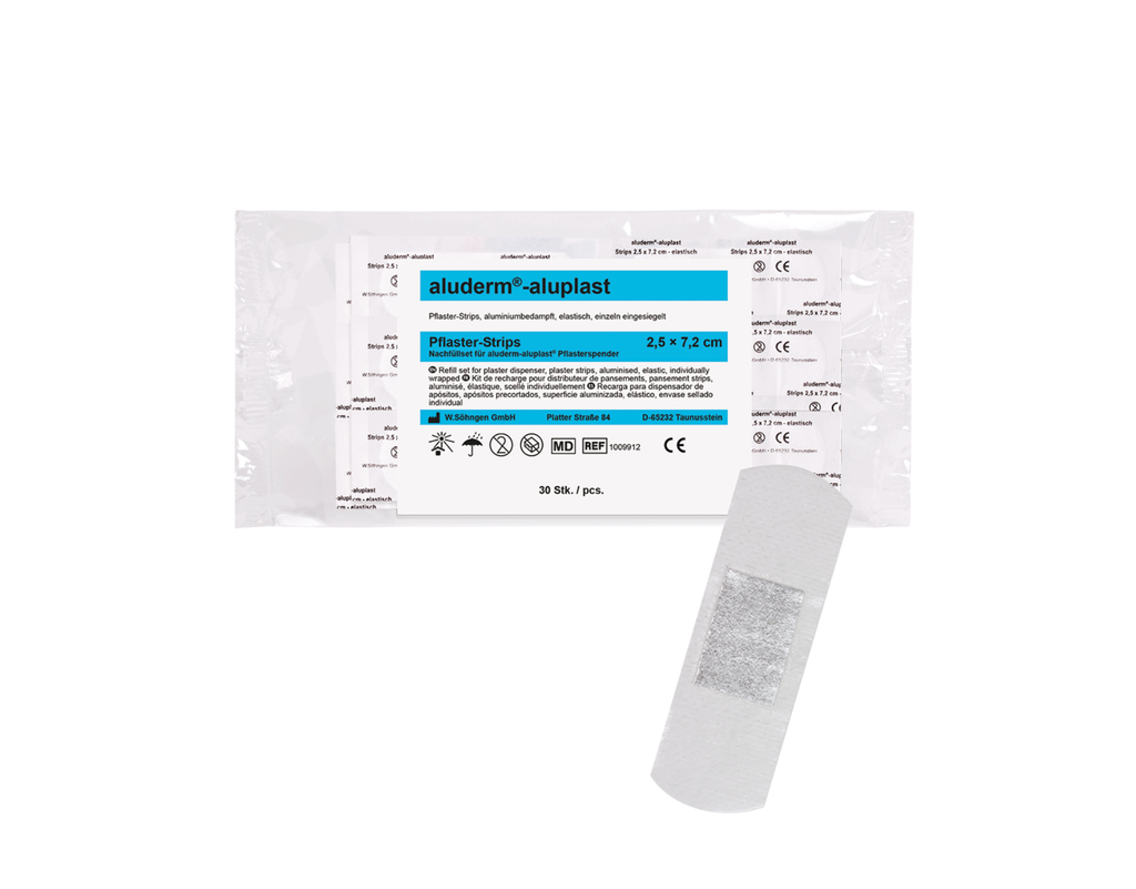 [1009912] NACHFUELLSET F. ALUDERM-PFLASTERSPENDER _x000D_
30 ST., SET ALUDERM-ALUPAST STRIPS 7.2X2.5CM