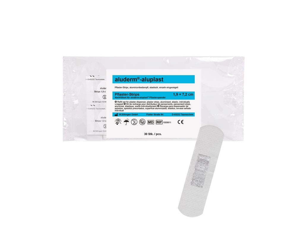 [1009911] NACHFUELLSET F. ALUDERM-PFLASTERSPENDER _x000D_
30 ST., SET ALUDERM-ALUPAST STRIPS 7.2X1.9CM