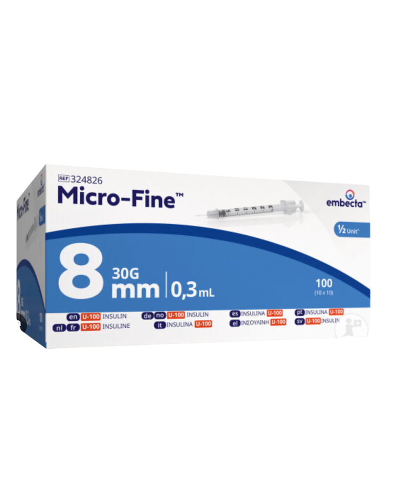 MICROFINE seringues à insuline 0,3 ml x 8 mm, 100 pièces, avec aiguille soudée