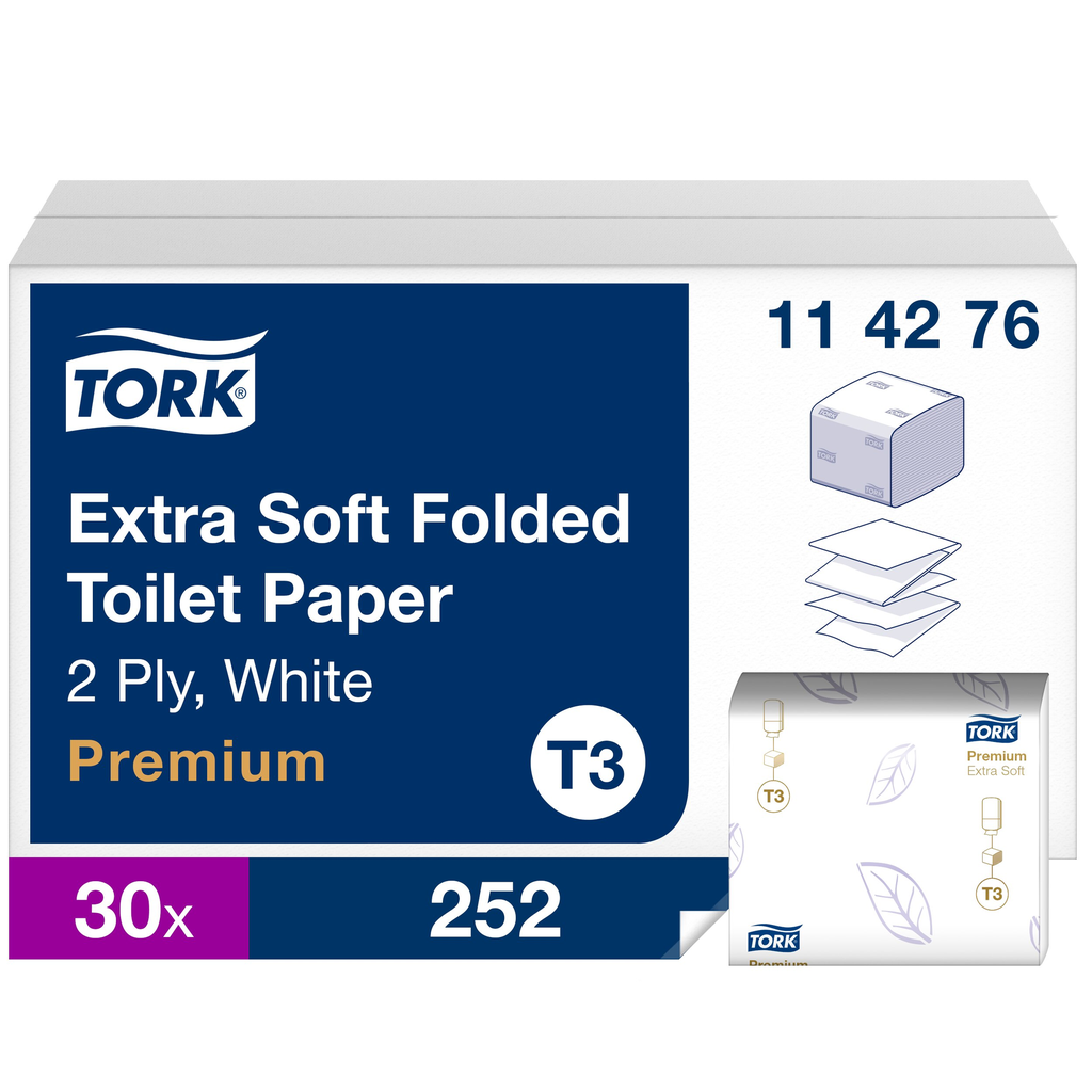 [114276] Papier toilette Tork Extra Soft plié, 19 x 11 cm, 2 plis, 30 paquets de 252 feuilles