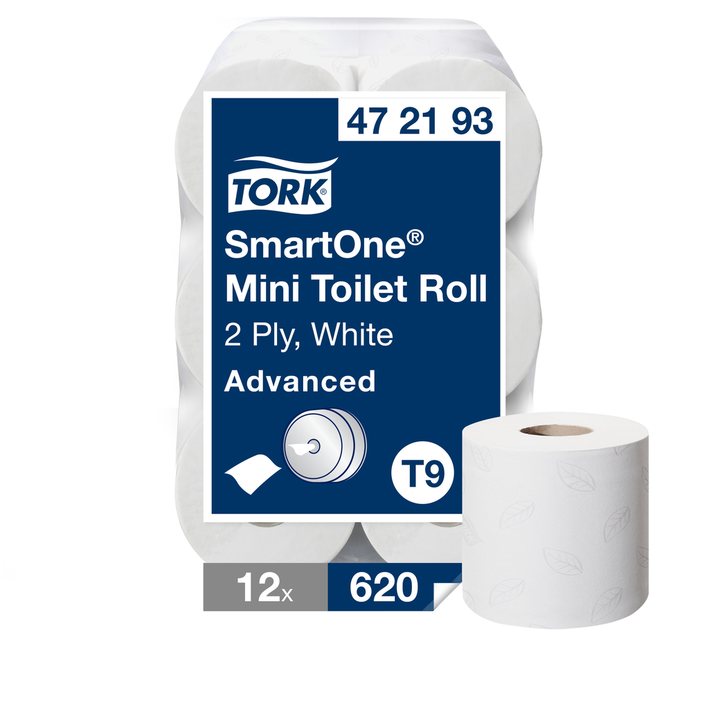 [472193] Tork SmartOne mini toilet roll
 Carton à 12 rlx x 620 coupons, 2 plis, 13,4 x 18 cm