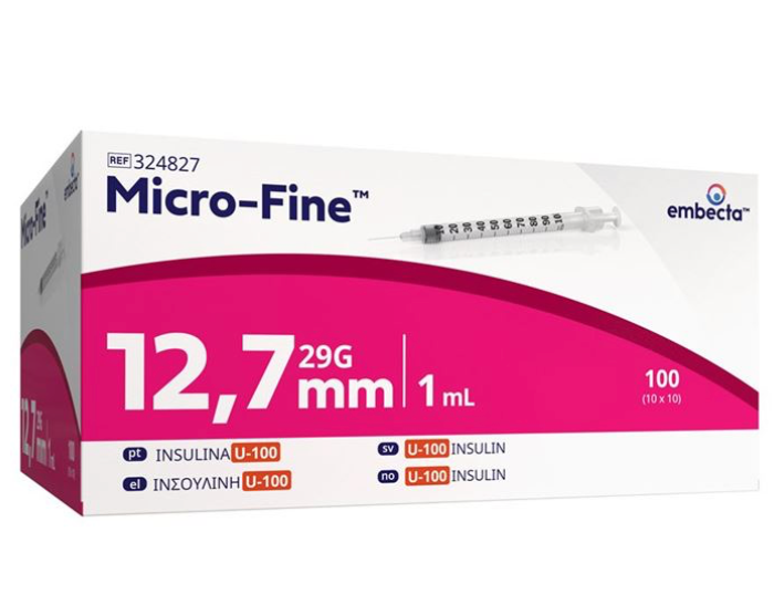 Seringues insuline MICROFINE 1 ml, 100 pièces, U100 + aiguille soudée, 12,7 mm