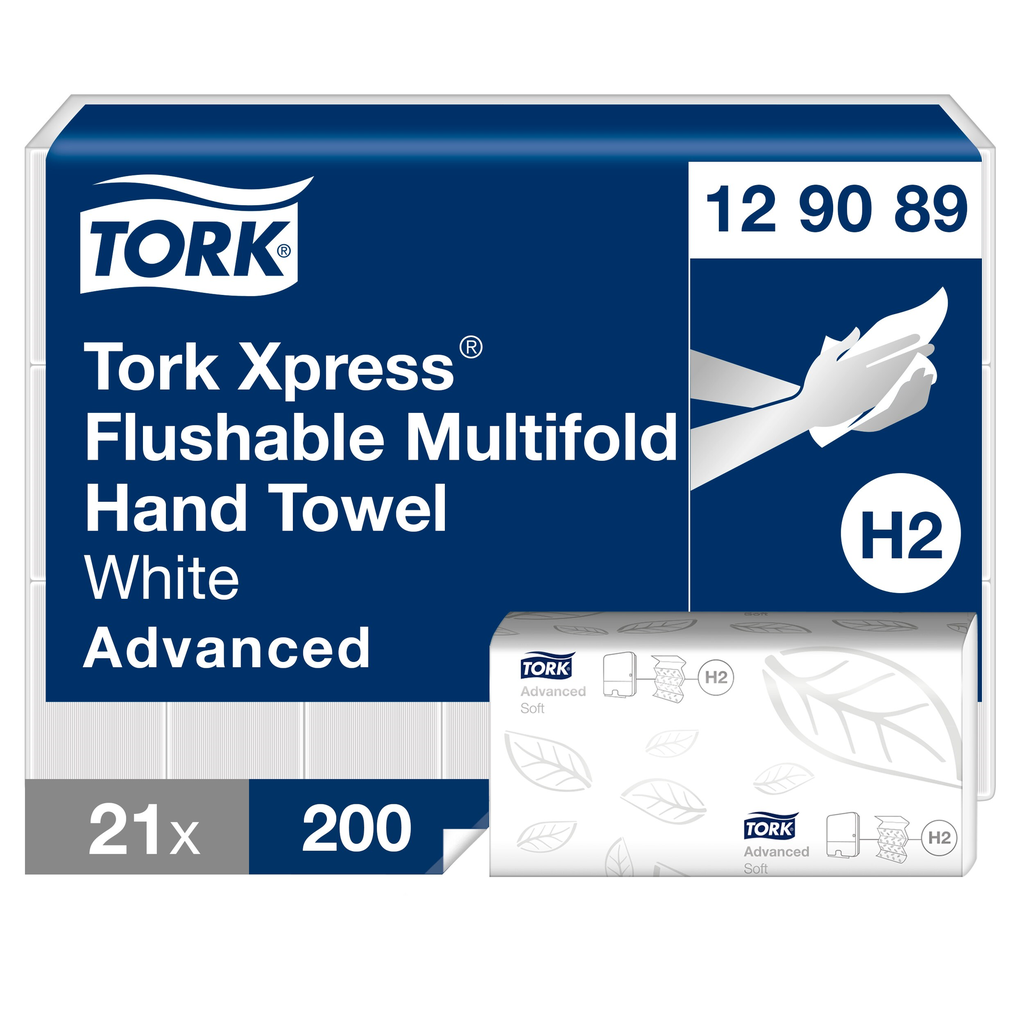 [129089] Essuie-mains Tork Xpress Multifold, 2 plis, 26 x 21 cm, flushable, carton de 4200 feuilles (21 paquets de 200)