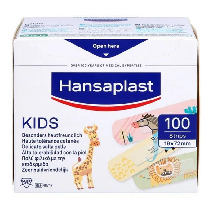 Hansaplast KIDS Strips 1,9 cm x 7,2 cm, 100 pièces, en boîte distributrice, motifs animaux, sans latex, doux pour la peau