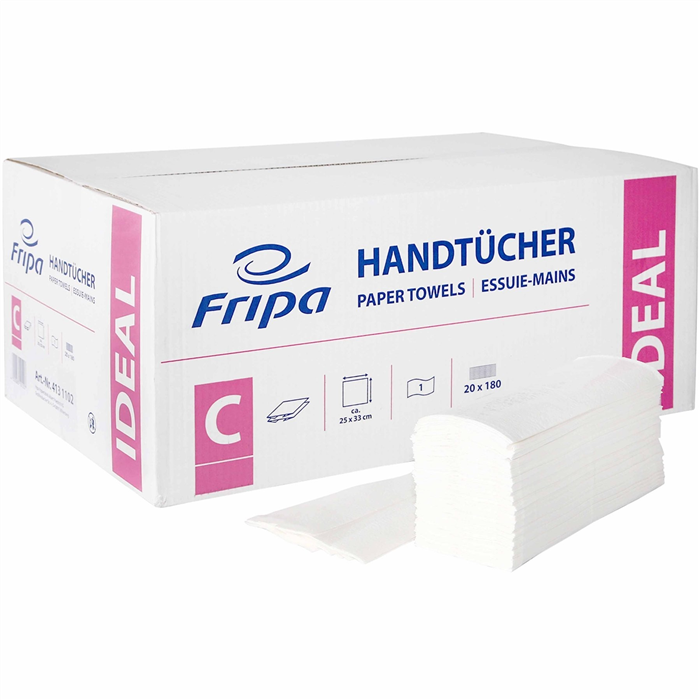 Essuie-mains en papier Fripa Ideal, pliage en C, 3600 feuilles, 1 pli, 25 x 33 cm